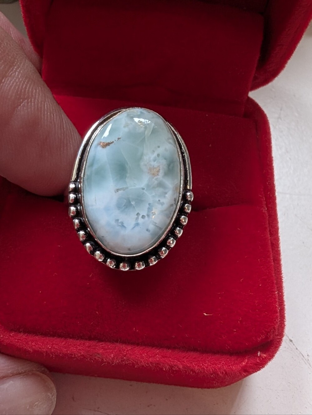 Vintage Style Sterling Silver Larimar Oval Cocktail Ring in Light Blue Size 9.75